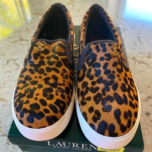 Ralph Lauren size 9 Leopard calf-hair slides.